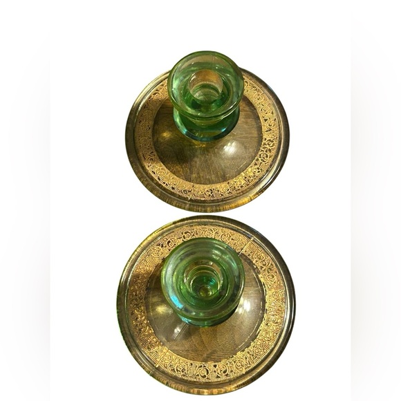 Antique Depression Glass Candle Stick Holders Set of 2 Green With Gold Scrolling - Picture 2 of 4